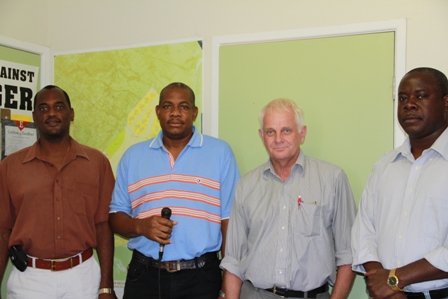 (L-R) Permanent Secretary in the Ministry of Agriculture Dr. Kelvin Daly, St. Kitts Fisheries Officer Mr. Sam Heyliger, European Union Consultant in Tropical Aquaculture Mr. Niels Svennevig and Minister of Agriculture in the Nevis Island Administration Hon. Robelto Hector at the end of their planning meeting at Prospect