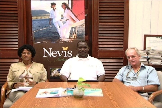 (L-R) Marketing Manager for the United Kingdom Ms. Julie Claxton, Chief Executive Officer of the Nevis Tourism Authority Mr. John Hanley and Tourism Advisor to the Nevis Island Administration Mr. Alastair Yearwood three of the four member delegation to represent the Authority at the World Travel Market in London, at a press briefing at the Authority’s conference room in Charlestown