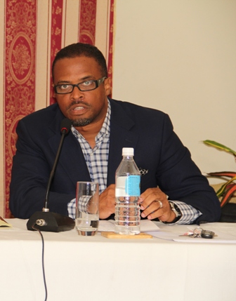 Deputy Premier and Minister of Tourism on Nevis Hon. Mark Brantley at a town hall meeting hosted by the Nevis Island Administration at the Red Cross conference room on November 07, 2013