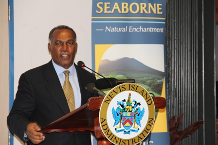 Premier of Nevis Hon. Vance Amory delivering remarks at a ceremony commemorating Seaborne Airlines’ inaugural flight to Nevis at the Vance W. Amory International Airport on January 22, 2014
