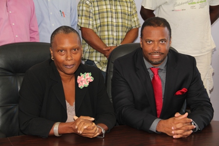 (L-R) Ms. Deborah Tyrell Chairman for Culturama 40 and Deputy Premier of Nevis and Minister of Culture Hon. Mark Brantley at the Nevis Island Administration’s conference room in Charlestown on January 15, 2014