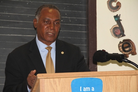Premier of Nevis and Minister of Education Hon. Vance Amory delivering remarks at the Ministry and Department of Education’s Reading Assessment Training workshop at Marion Heights on February 17, 2014
