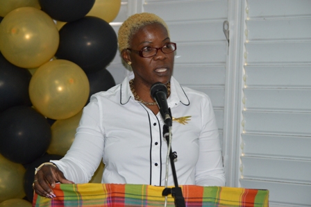 Teacher Librarian at the Charlestown Secondary School Library and Media Centre Mrs Marva Roberts at the unveiling of the Hall of Fame on February 07, 2014