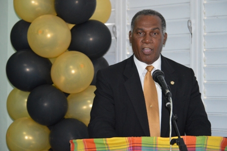 Premier of Nevis and Minister of Education Hon. Vance Amory delivering remarks at the unveiling ceremony for the Charlestown Secondary School Library and Media Centre’s Hall of Fame on February 07, 2014