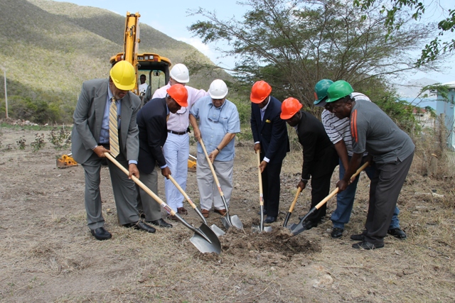 Co-owners of Mount Nevis Hotel Dr. Adly Meguid and Evan Welbourn, members of the Nevis Island Administration and local contractors break ground for the expansion of the Mount Nevis Hotel at Newcastle on April 24, 2014. (L-R) Deputy Governor General His Honour Eustace John, Premier of Nevis Hon. Vance Amory, co-owners of Mount Nevis Hotel Evan Welbourn and Dr. Adly Meguid, Deputy Premier Hon. Mark Brantley, Area Representative Hon. Alexis Jeffers and local contractors