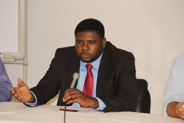 Junior Minister in the Ministry of Public Utilities and Communication and Works Hon. Troy Liburd delivering remarks at the start of a one-week training session for field workers of the Nevis Water Department, their counterparts in St. Kitts and the Public Works Department on May 27, 2014 in preparation for civil works on the CDB-funded Water Supply and Enhancement Project on Nevis