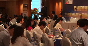 Deputy Premier of Nevis Hon. Mark Brantley addressing potential Chinese investors at a meeting in Hong Kong