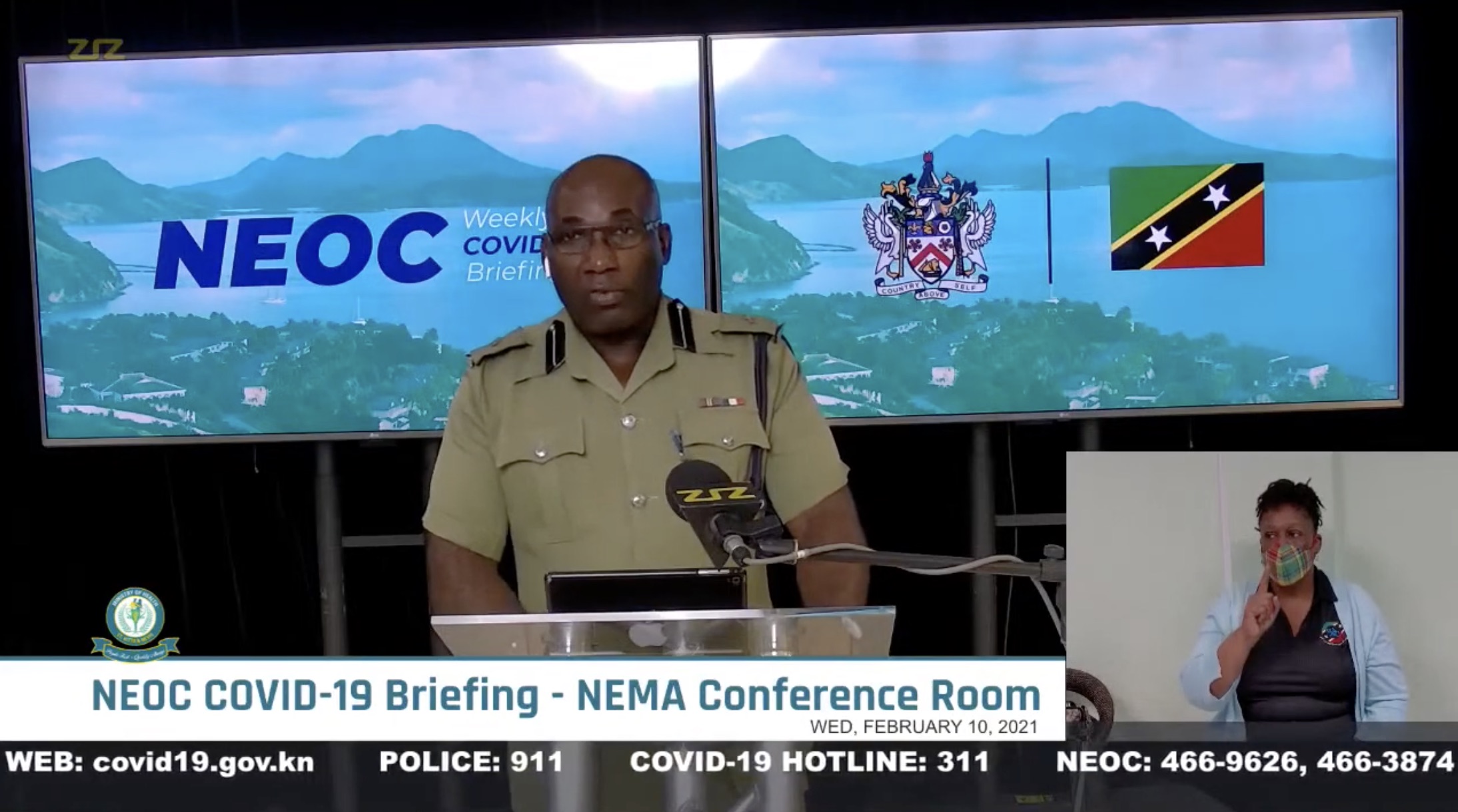 Superintendent Cromwell Henry, Divisional Commander for District ‘A’ in the Royal St. Christopher and Nevis Police Force making his presentation at the weekly National Emergency Operation Centre COVID-19 briefing on February 10, 2021, at the National Emergency Management Agency’s conference room in St. Kitts